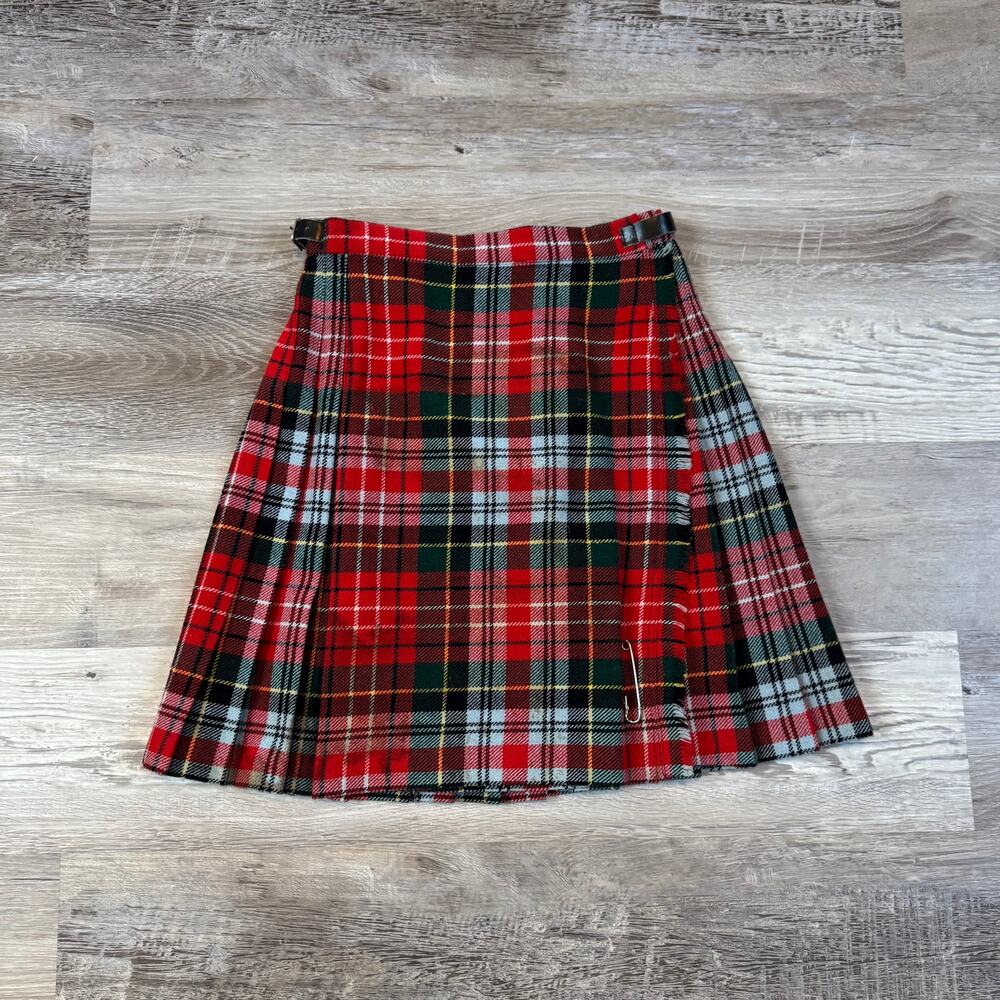 Vintage 70s Scottish Tartan Wool Mini Kilt Skirt Red Plaid Preppy Academia XS